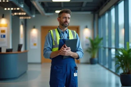 Homme en overalls bleus dans un hall industriel moderne
