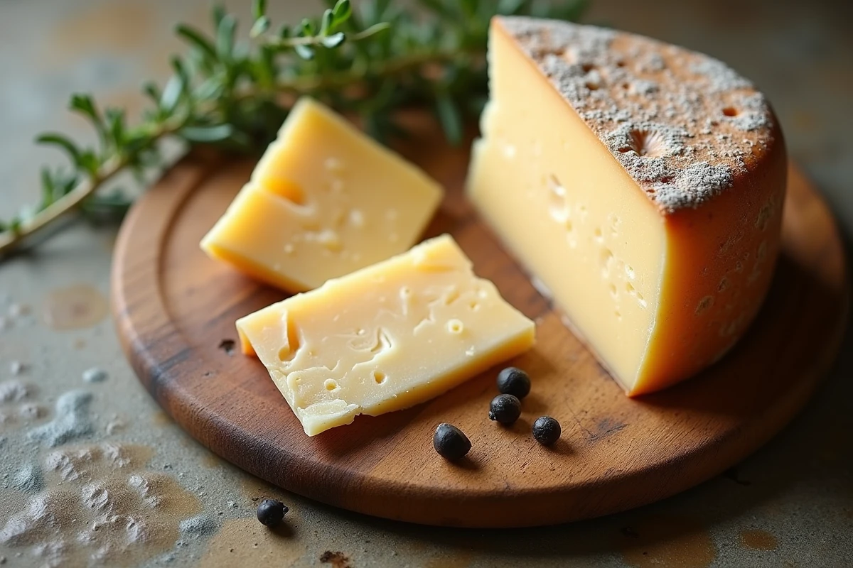 Morceau de parmesan affiné sur une planche en bois avec une étiquette nutritionnelle, évoquant la sécurité alimentaire du fromage pasteurisé pendant la grossesse
