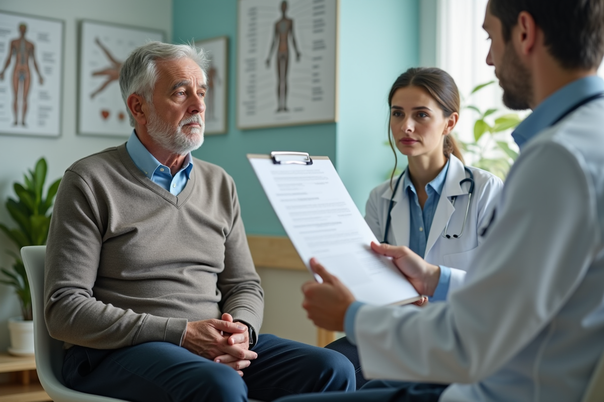 Patient âgé en consultation avec un médecin dans un cabinet moderne