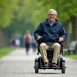 Homme d'âge moyen en fauteuil roulant dans un parc accessible