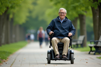 Homme d'âge moyen en fauteuil roulant dans un parc accessible