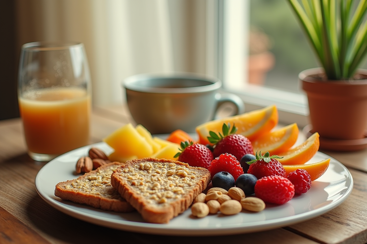 Petit déjeuner sain avec fruits et flocons d