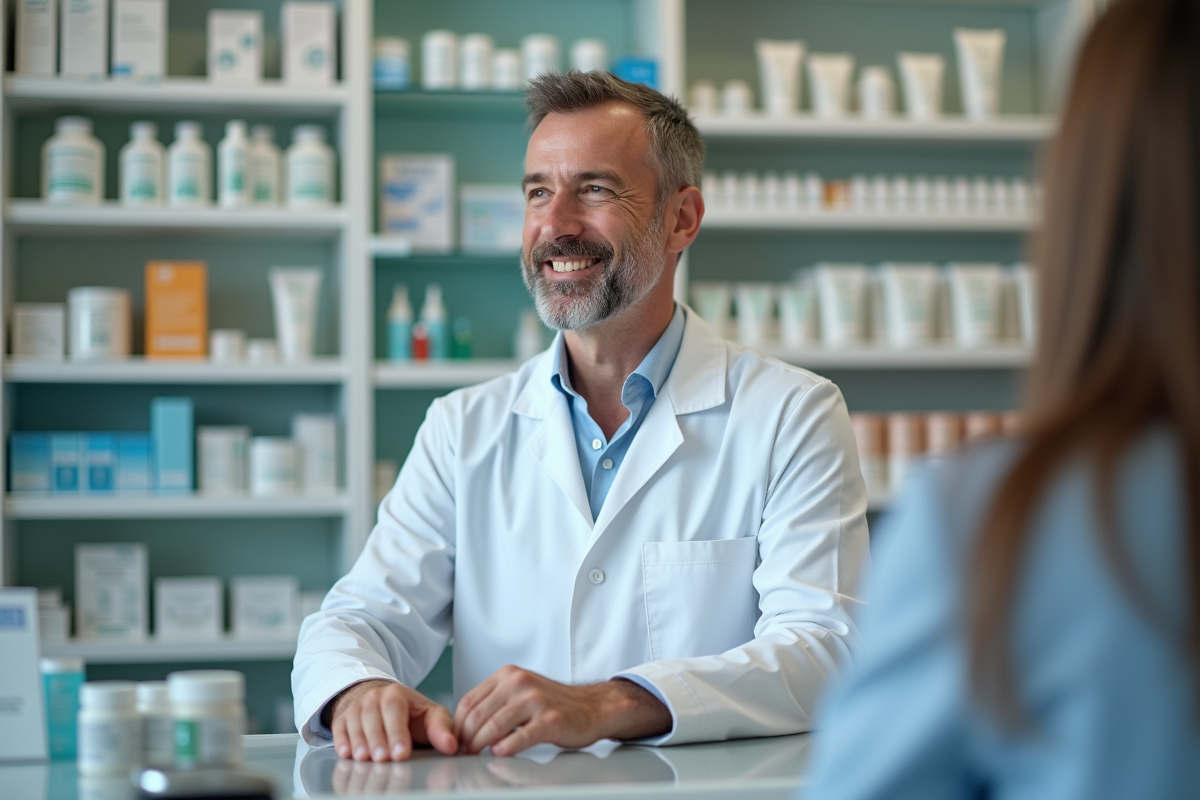 Pharmacien en boutique de soins de peau avec clients