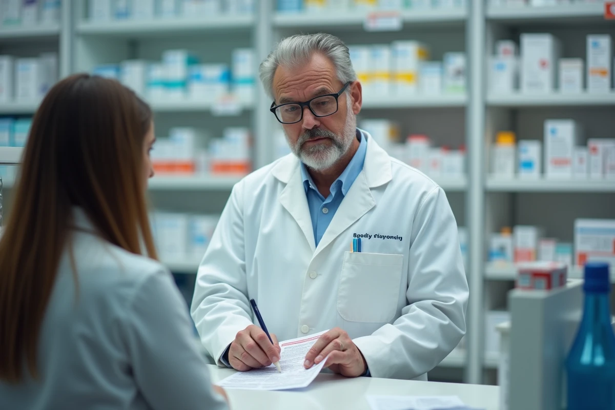 Pharmacien expliquant les effets secondaires d'un médicament avec une notice d'information dans une pharmacie