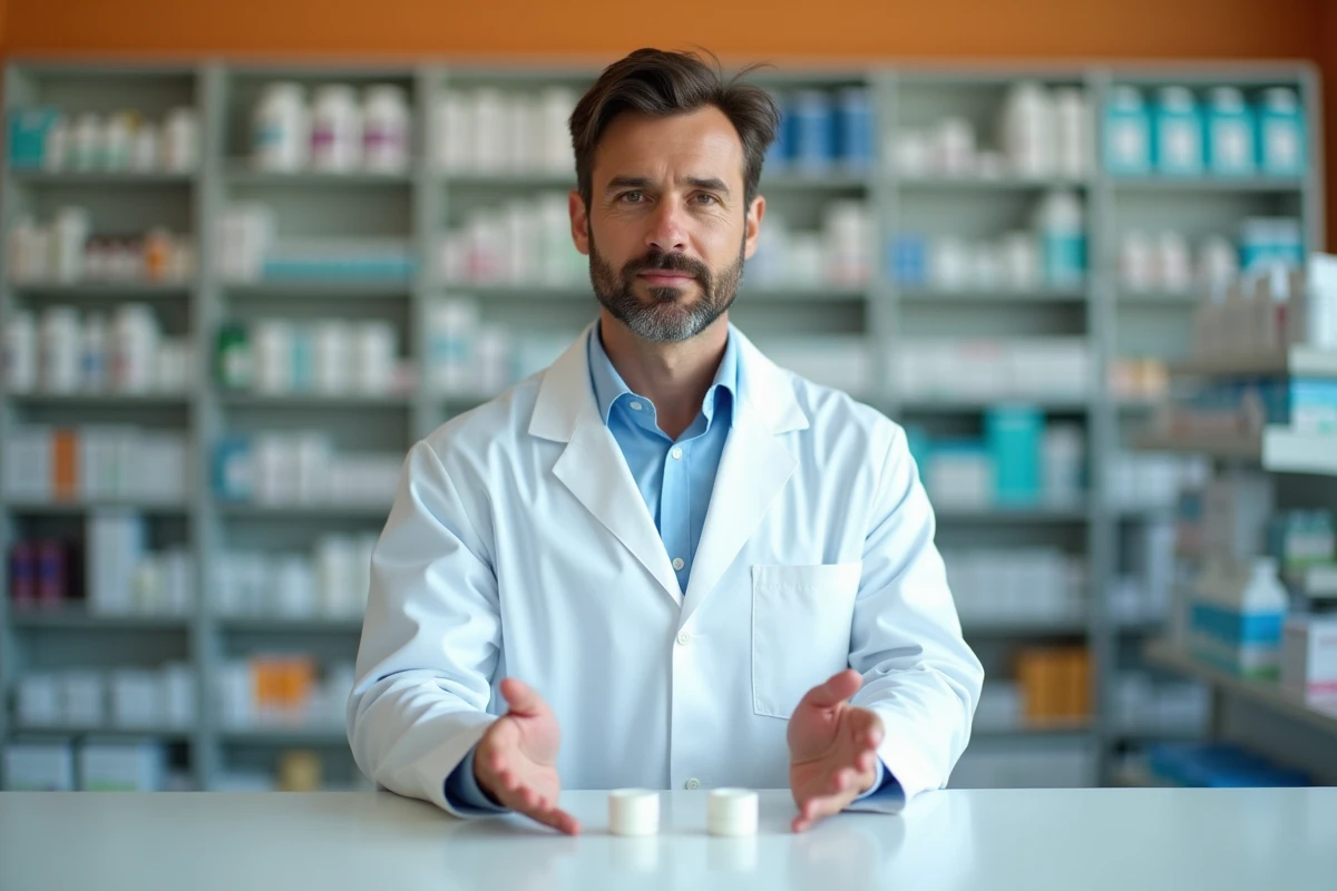 Pharmacien en blouse blanche expliquant la posologie de médicaments analgésiques derrière un comptoir de pharmacie