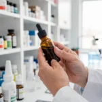 Pharmacien tenant un petit flacon en verre ambré dans un laboratoire d'officine