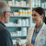 Pharmacienne en conseil avec un client dans une pharmacie moderne