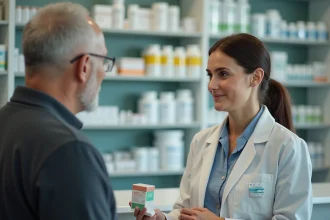 Pharmacienne en conseil avec un client dans une pharmacie moderne
