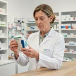 Pharmacienne examinant une semelle orthopédique Akusoli en pharmacie, contre-indications et conseils