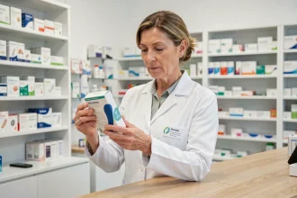 Pharmacienne examinant une semelle orthopédique Akusoli en pharmacie, contre-indications et conseils