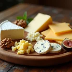 Plateau de fromages variés pour diabétique dans un restaurant, avec comté, brie, chèvre et roquefort disposés sur une planche en bois rustique