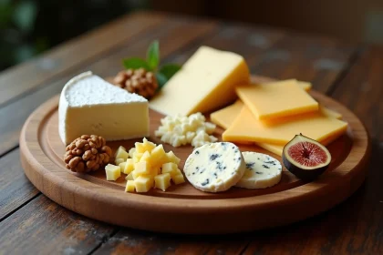 Plateau de fromages variés pour diabétique dans un restaurant, avec comté, brie, chèvre et roquefort disposés sur une planche en bois rustique