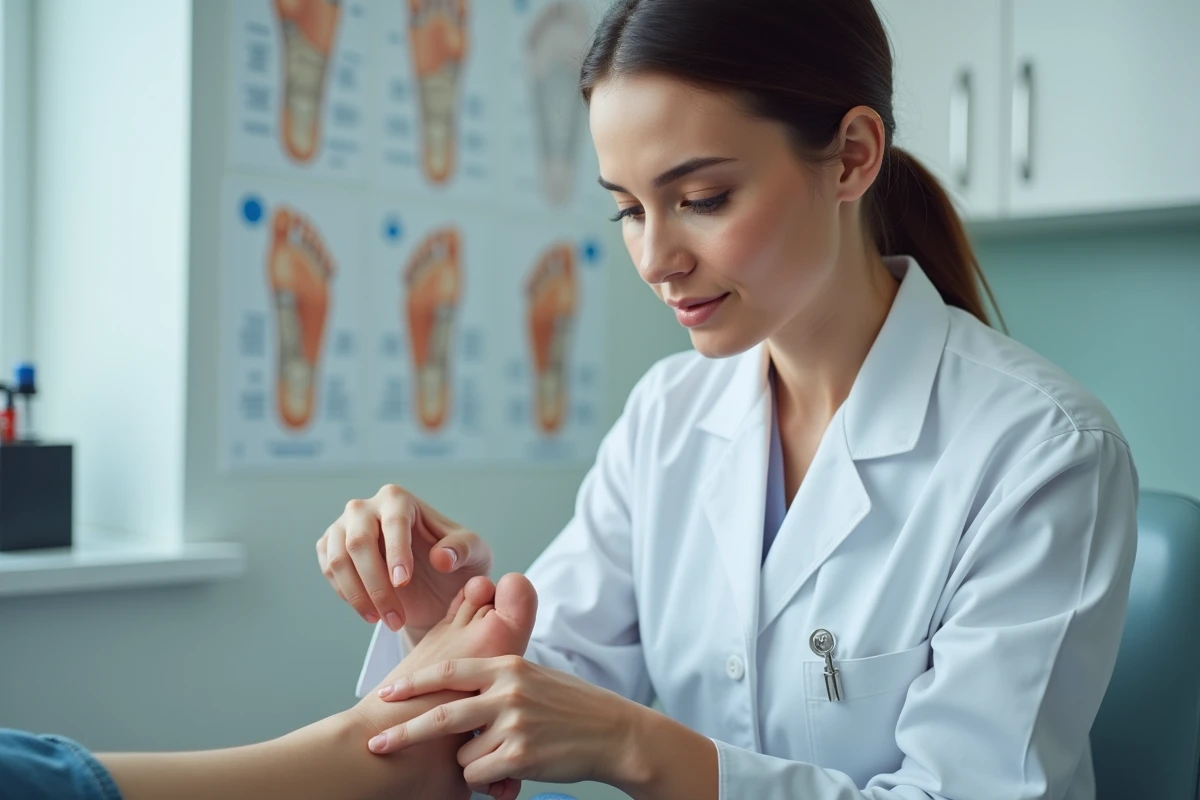 Podologue examinant un pied présentant un hallux valgus dans un cabinet médical moderne