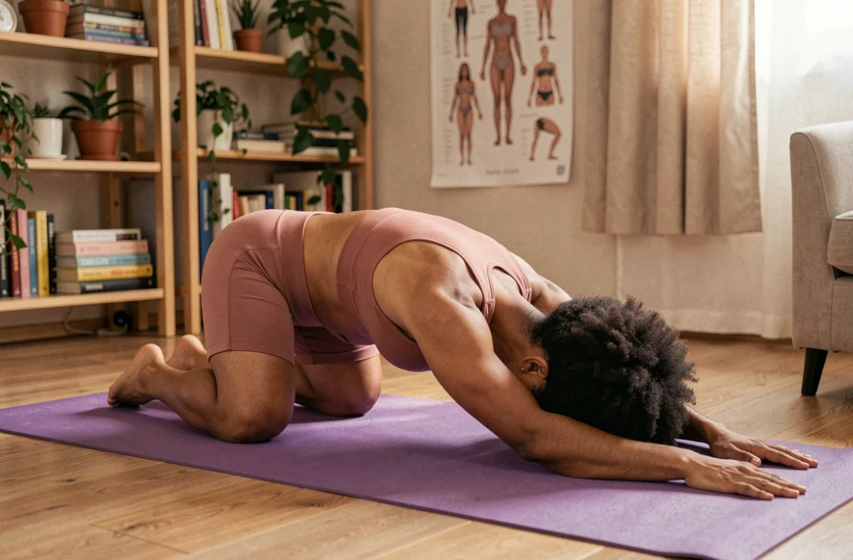 Femme en posture de l'enfant Balasana sur un tapis violet dans un salon cosy avec un poster des postures de yoga affiché au mur