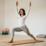 Femme pratiquant la posture du Guerrier I sur un tapis de yoga en liège dans un studio minimaliste lumineux, idéal pour les débutants en yoga