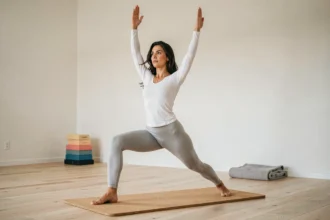 Femme pratiquant la posture du Guerrier I sur un tapis de yoga en liège dans un studio minimaliste lumineux, idéal pour les débutants en yoga