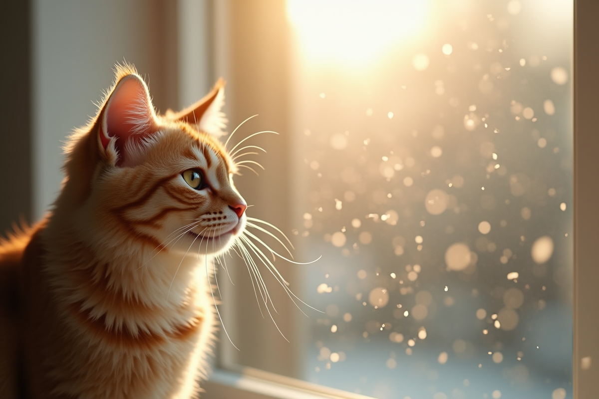 Particules de poussiere de chat en suspension dans la lumiere