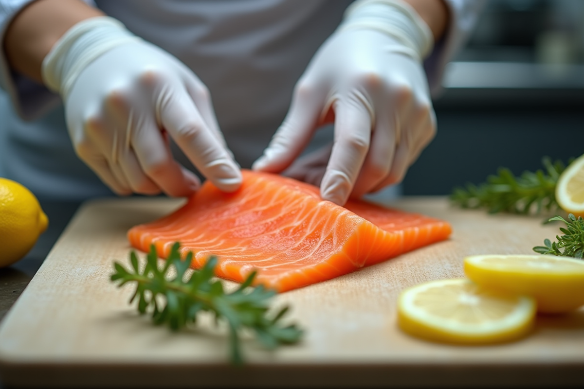 Mains gantées préparant du sashimi de saumon dans une cuisine moderne