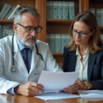 Médecin en blanc examine un document officiel avec une responsable