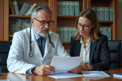 Médecin en blanc examine un document officiel avec une responsable