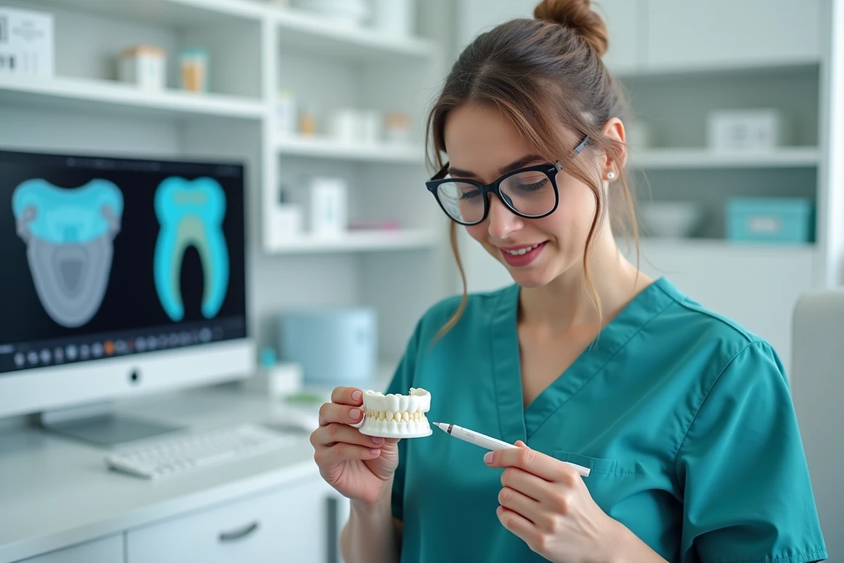 Professionnelle dentaire analysant une prothese dentaire defectueuse