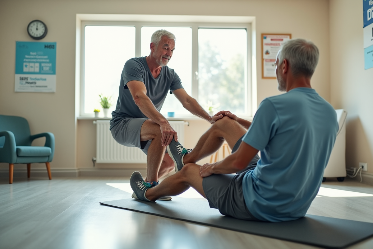 Homme senior en tenue de sport faisant des exercices avec un physiotherapeute