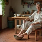 Femme d'âge mûr appliquant un remède de grand-mère maison pour soulager une épine calcanéenne, pied trempé dans un bol d'eau aux herbes dans une cuisine rustique