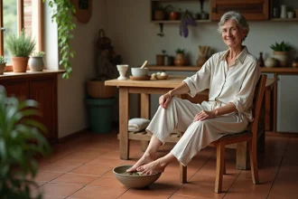 Femme d'âge mûr appliquant un remède de grand-mère maison pour soulager une épine calcanéenne, pied trempé dans un bol d'eau aux herbes dans une cuisine rustique