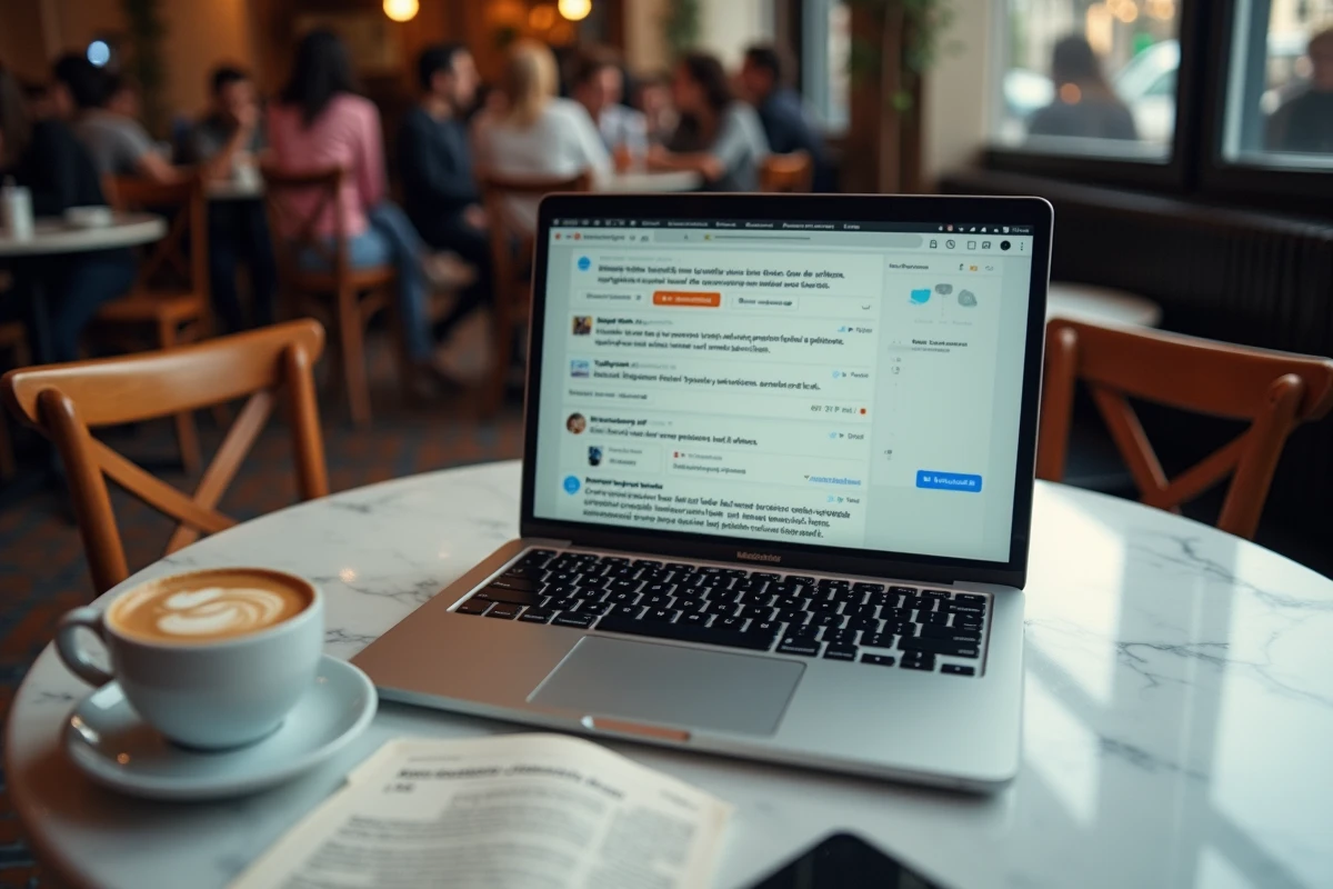Écran d'ordinateur portable dans un café parisien affichant un fil d'actualité sur les réseaux sociaux, symbolisant la propagation d'un buzz et de fausses informations sur la santé d'une personnalité publique