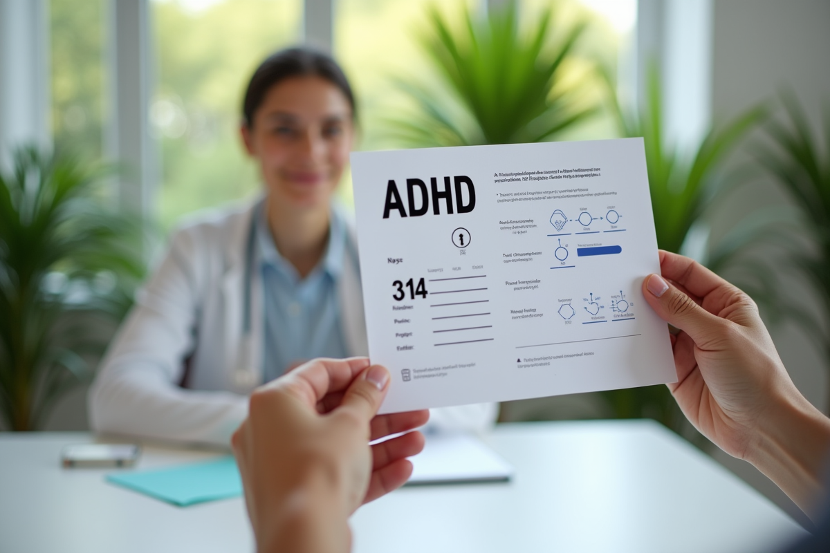 Mains tenant un résultat de test ADHD avec un psychologue dans un bureau calme