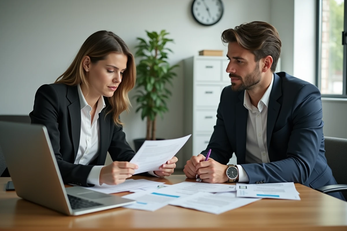 Femme gestionnaire et homme au bureau en discussion sérieuse