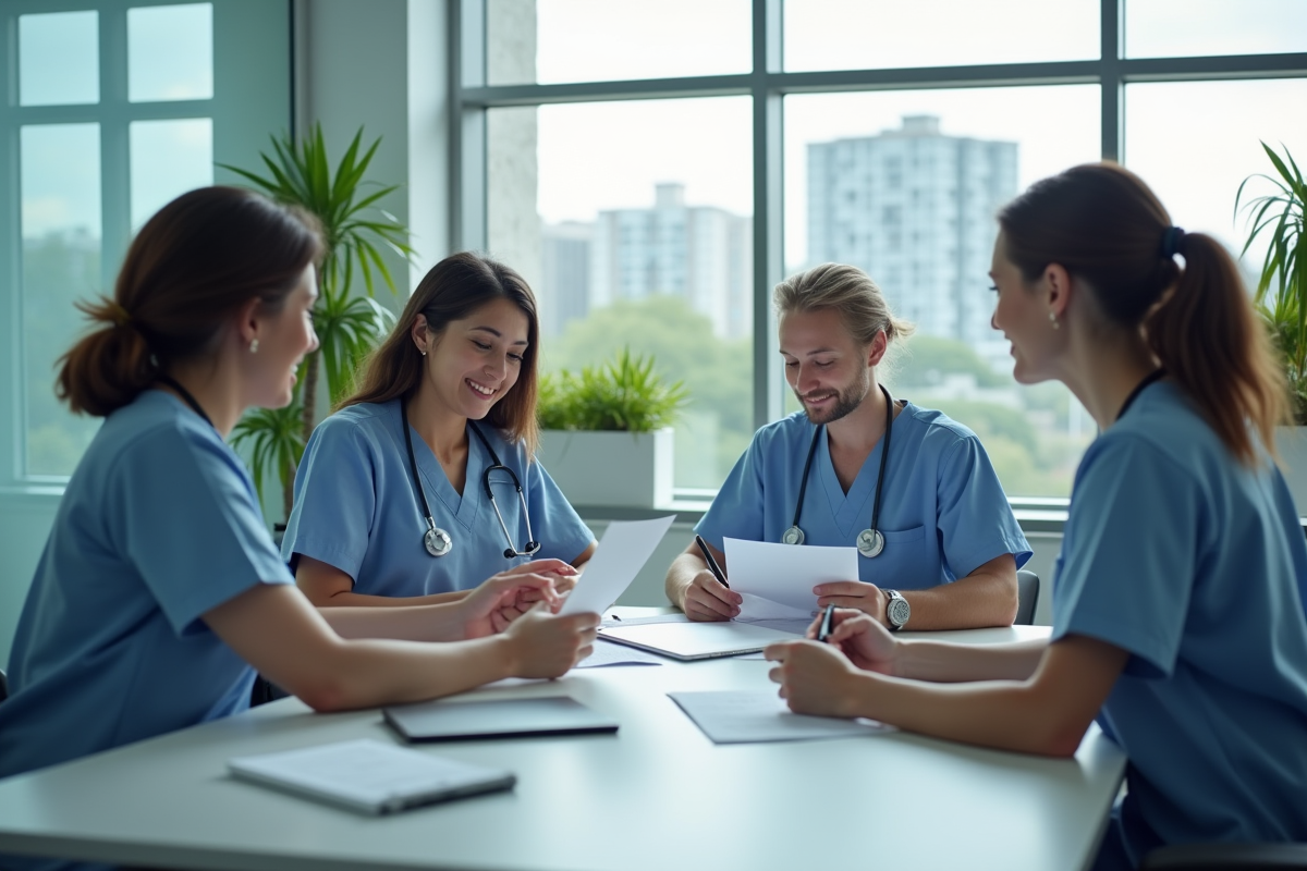 Groupe de professionnels de santé discutant en réunion moderne