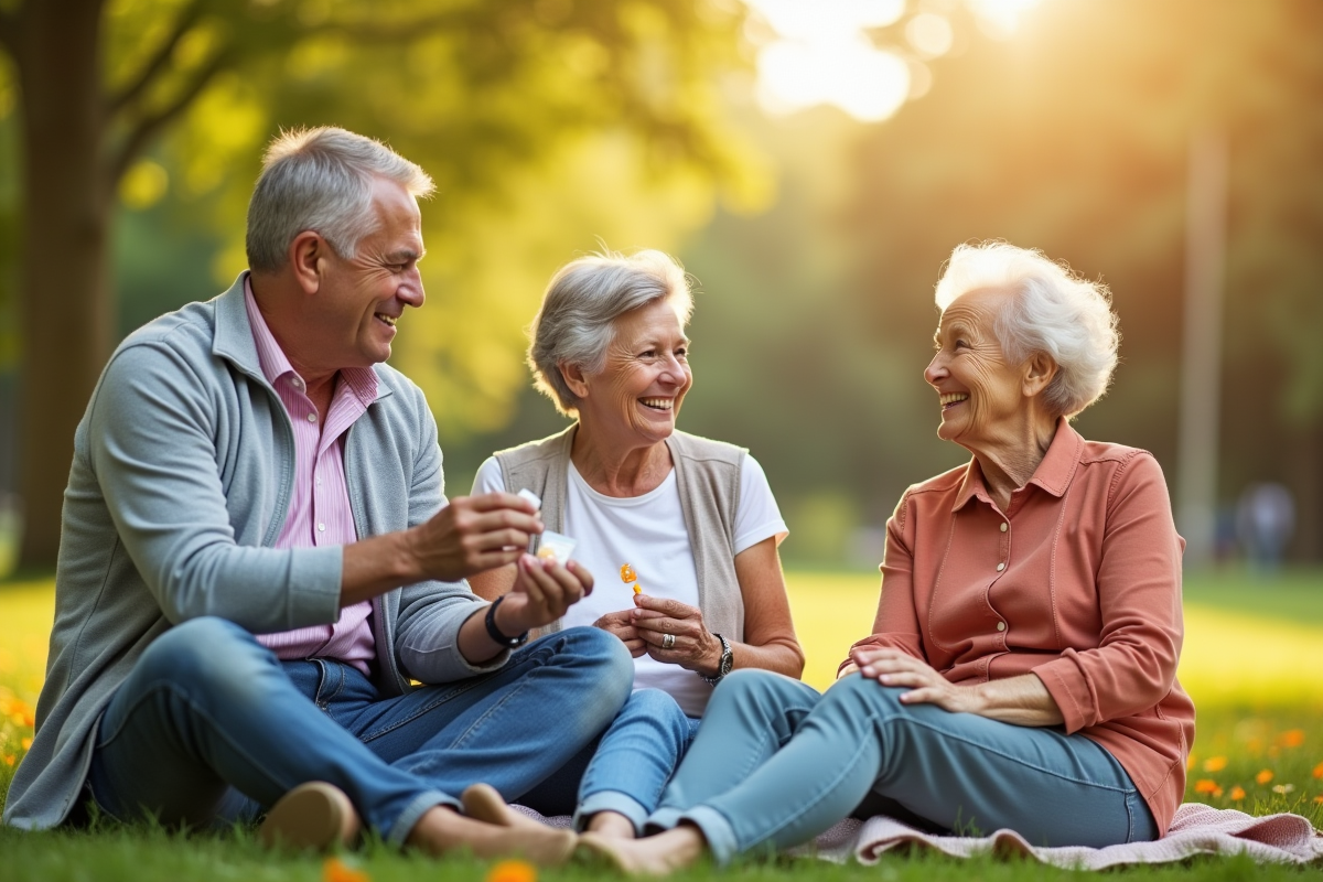 Trois seniors partageant vitamine C en plein air dans un parc