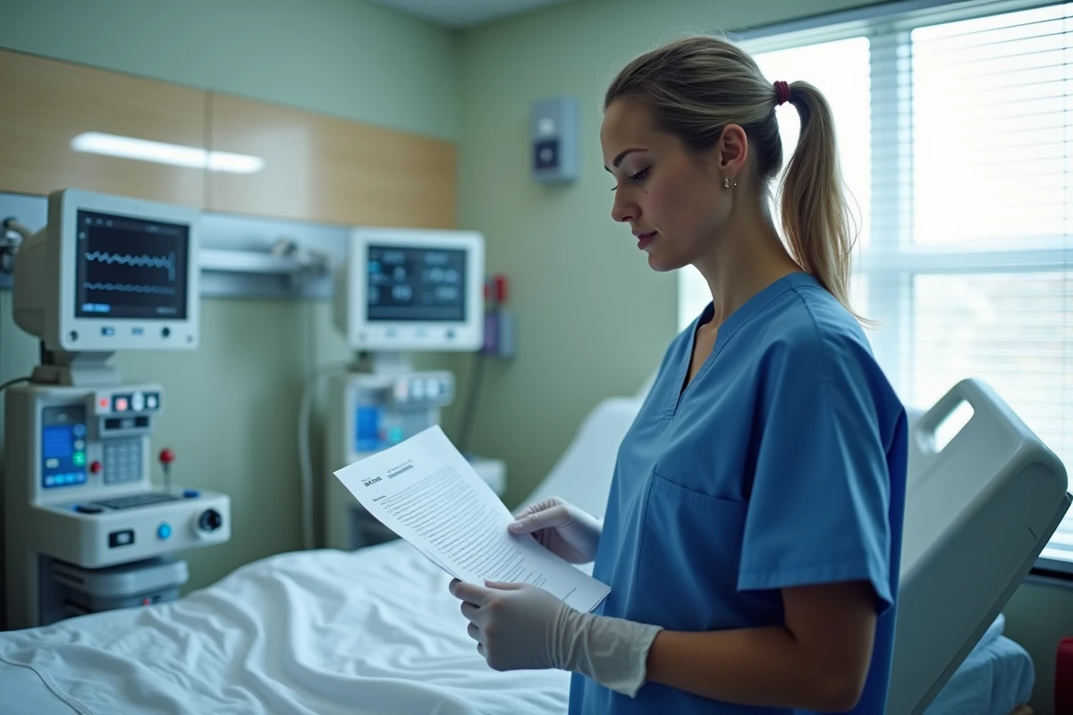 Sage-femme en tenue médicale bleue consultant un dossier médical dans une salle de travail hospitalière avec moniteurs de surveillance
