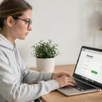 Jeune femme saisissant un code promo Myprotein sur un site de compléments alimentaires depuis son bureau à domicile