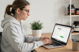 Jeune femme saisissant un code promo Myprotein sur un site de compléments alimentaires depuis son bureau à domicile