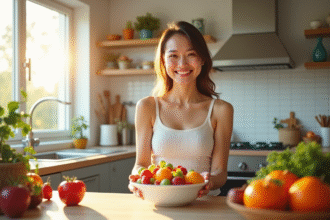 Jeune femme en cuisine préparant une salade de fruits colorée