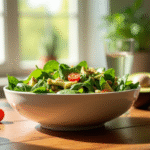 Salade fraîche d'épinards et avocat sur une table en bois