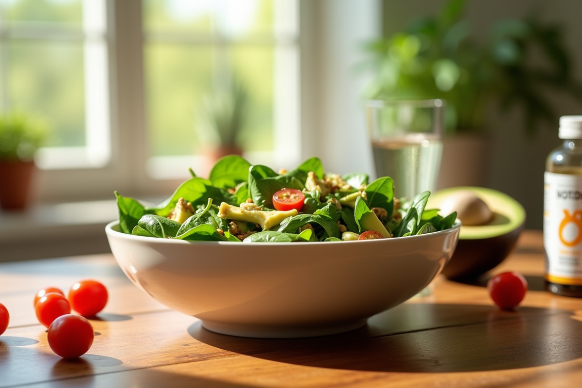 Salade fraîche d'épinards et avocat sur une table en bois