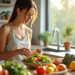 Jeune femme préparant une salade colorée dans une cuisine lumineuse