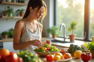 Jeune femme préparant une salade colorée dans une cuisine lumineuse