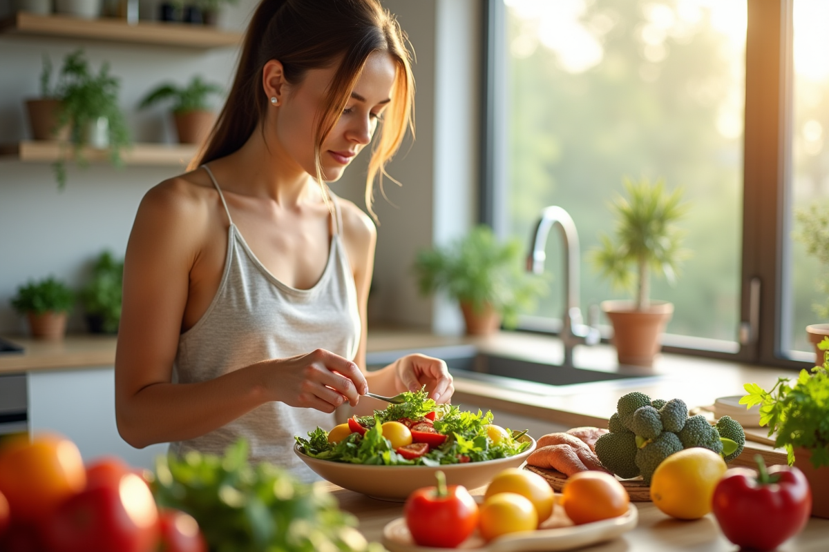 Jeune femme préparant une salade colorée dans une cuisine lumineuse