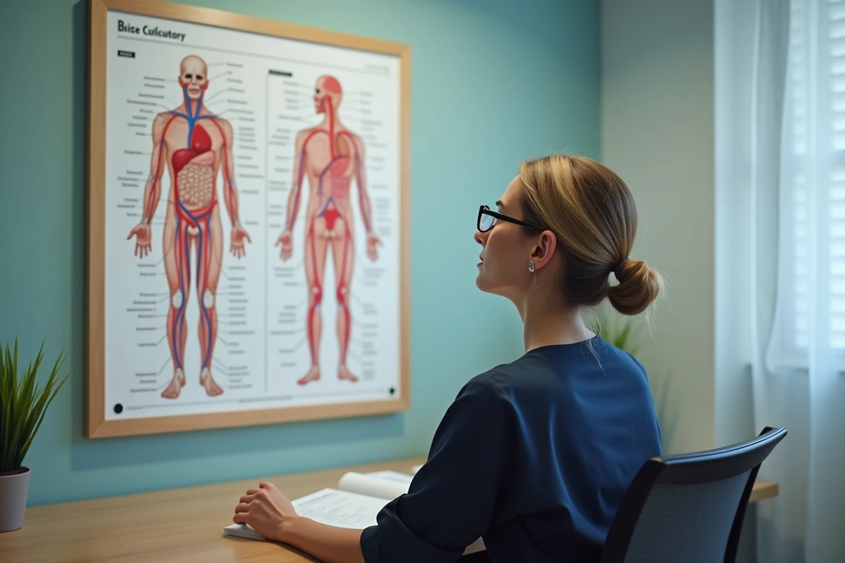 Femme consultant un schéma anatomique du système circulatoire humain dans un cabinet médical moderne