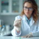 Scientifique en blouse blanche tenant une perle de céramique dans un laboratoire avec équipements de mesure du pH en arrière-plan