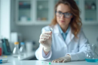 Scientifique en blouse blanche tenant une perle de céramique dans un laboratoire avec équipements de mesure du pH en arrière-plan