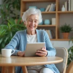 Femme senior souriante utilisant une tablette dans sa maison