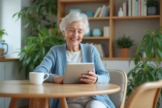 Femme senior souriante utilisant une tablette dans sa maison