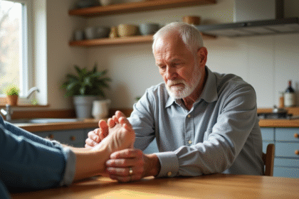 Homme senior massant son pied dans la cuisine en matinée