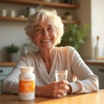 Seniore souriante avec vitamine C dans la cuisine lumineuse
