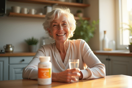 Seniore souriante avec vitamine C dans la cuisine lumineuse